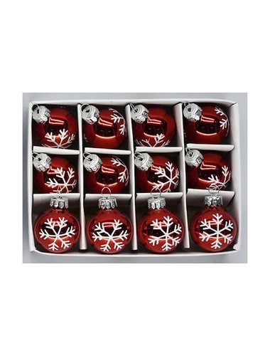 Κοκκινη Γυαλινη Μινι Μπαλα Με Λευκες Χιονονιφαδες 3Εκ Σετ 12