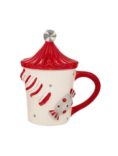 Λευκη Κοκκινη Κεραμικη Κουπα Με Ζαχαρωτα Και Καπακι 14Χ10,5Χ17Εκ