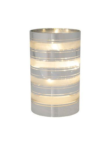 Ασημι Γυαλινος Διακοσμητικος Κυλινδρος Με Λευκες Ριγες & Led Φως Φ9Χ15Εκ Μπαταριας
