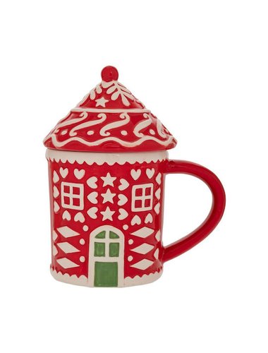 Χριστουγεννιατικη Κεραμικη Κοκκινη Κουπα Σε Σχημα Σπιτιου Με Καπακι 14Χ10Χ15Εκ