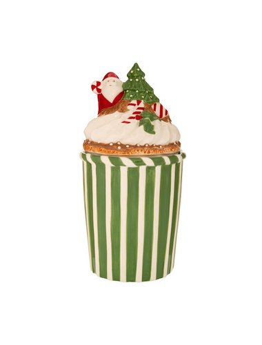 Πρασινη Ριγε Στρογγυλη Κεραμικη Μπισκοτιερα Με Αγιο Βασιλη 14Χ14Χ28Εκ