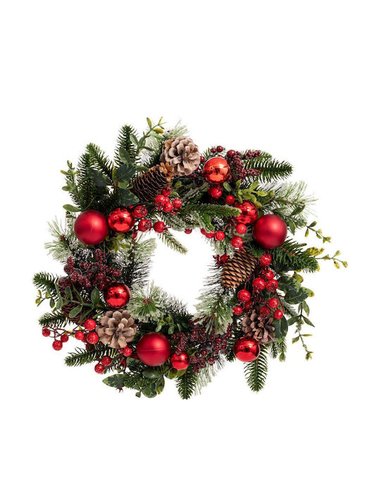 Πρασινο Στεφανι Με Κοκκινα Berries Κοκκινες Μπαλλες Και Παγωμενο Κουκουναρι Φ40Εκ