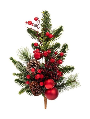 Πρασινο Κλαδι Με Κοκκινα Berries Κοκκινες Μπαλλες Και Παγωμενο Κουκουναρι 50Εκ