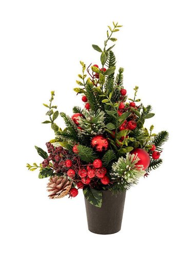 Πρασινο Δεντρο Με Κοκκινα Berries Κοκκινες Μπαλλες Και Παγωμενο Κουκουναρι Σε Πλαστικη Γλαστρα