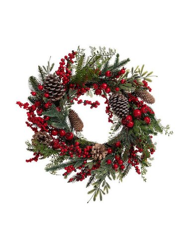 Πρασινο Στεφανι Με Κοκκινα Berries Και Κουκουναρια Φ40Εκ