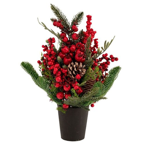 Πρασινο Δεντρο Με Κοκκινα Berries Και Κουκουναρια Σε Πλαστικη Γλαστρα 43Εκ