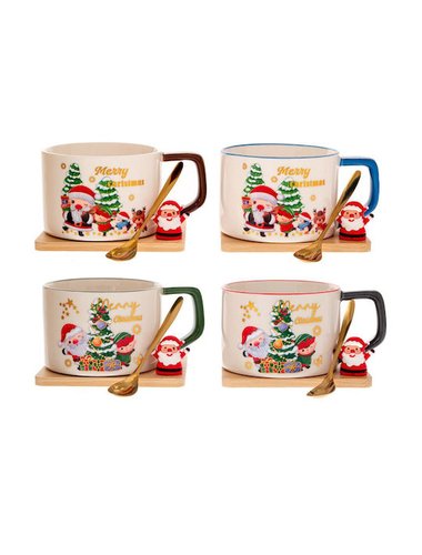 Κεραμικη Κουπα Με Ξυλινο Πιατακι And Κουταλακι 4 Σχεδια Σε Κουτι