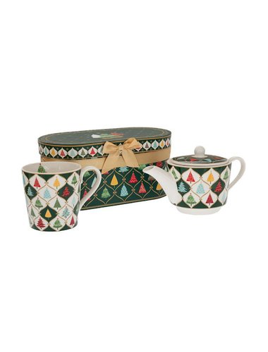 Σετ 2 Κεραμικη Τσαγιερα(10Χ9Εκ) And Κουπα Με Δεντρακια Σε Κουτι Δωρου